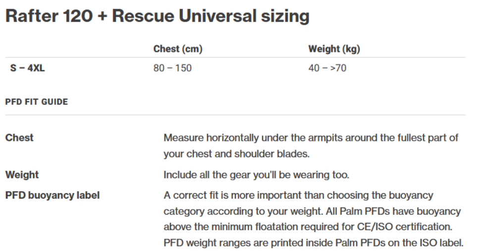 Palm Universal Vest Mens Size Chart